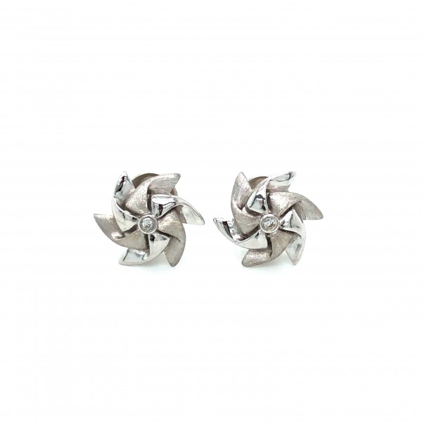 HK407~Windmill Shaped Sterling Silver Earrings with Diamond