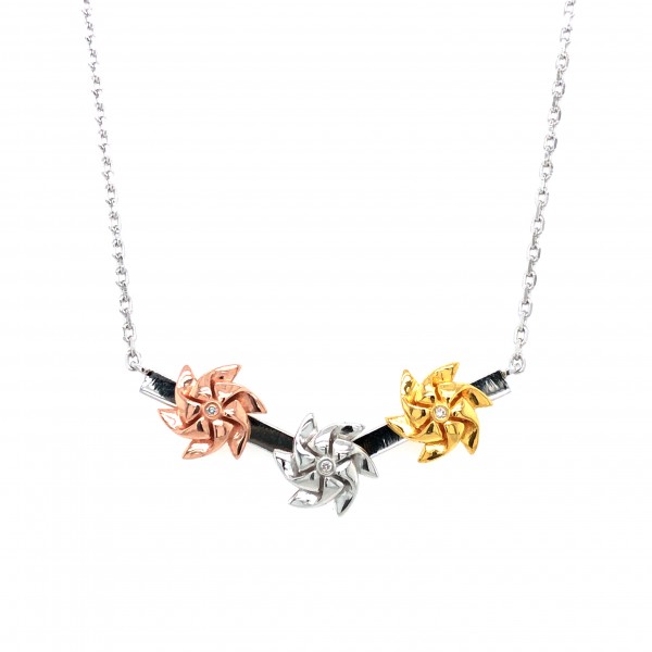 HK408~Three Windmill Shaped Sterling Silver Necklace with Diamond