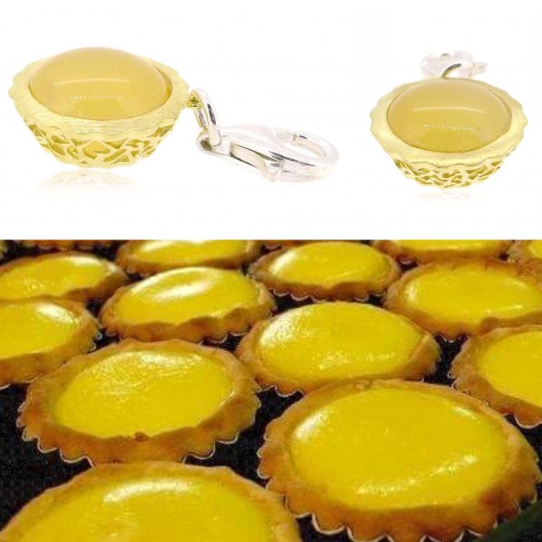 HK030~ 925 Silver Egg Tart Charm(15mm) with Rice Yellow Jade