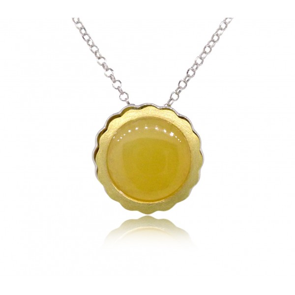 HK032~ 925 Silver Egg Tart Pendant (20mm) with Rice Yellow Jade