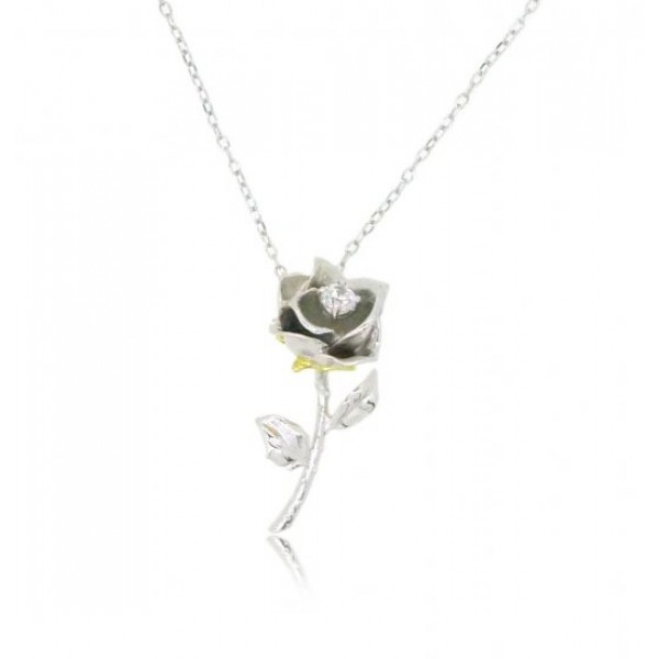 HK080~ 925 Silver Rose Pendant with 18" Silver Necklace