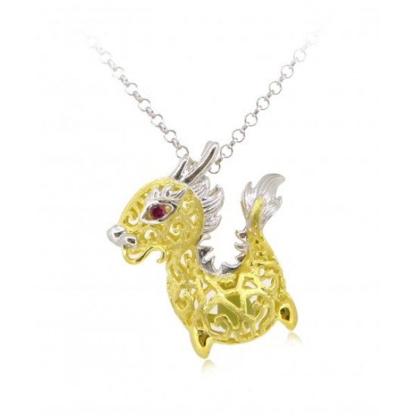 HK088-s1~ 925 Silver Dragon Shaped Lantern Pendant with 18" Silver Necklace