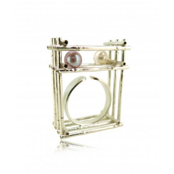 HK120~ 925 Silver Bamboo Scaffolding Pearl Ring