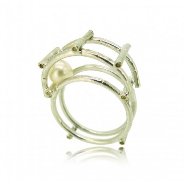 HK141~ 925 Silver Bamboo Scaffolding Pearl Ring/Pendant