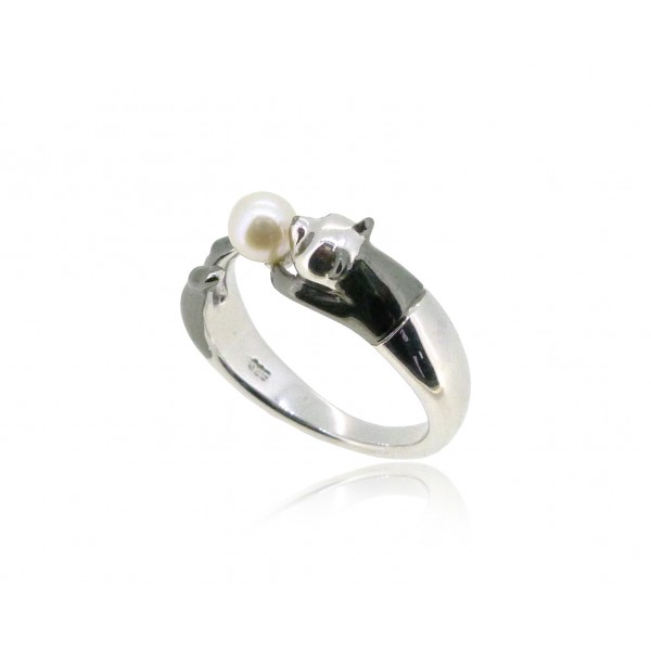 HK183~ Panda Shaped Silver Ring With Akoya Pearl