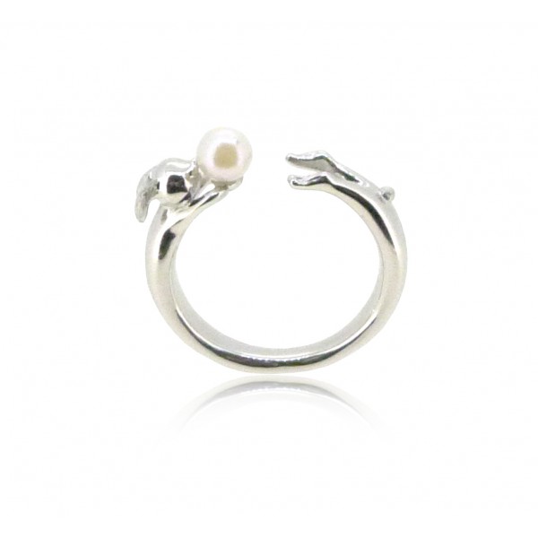 HK185~ Rabbit Shaped Silver Ring With Akoya Pearl