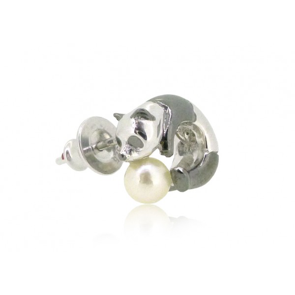 HK188~ Panda Shaped Silver Earring With Akoya Pearl (Pair)