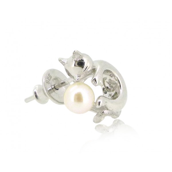 HK192~ Cat Shaped Silver Earring With Akoya Pearl (PAIR)