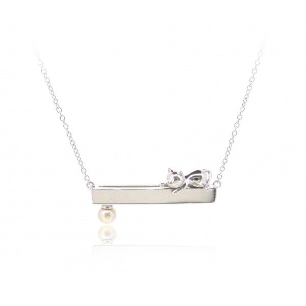 HK239~ Cat Shaped Silver Necklace With Akoya Pearl