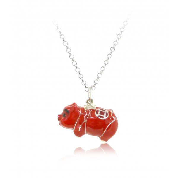HK246~ 925 Sterling Silver Red Piggy Bank Shaped Pendant