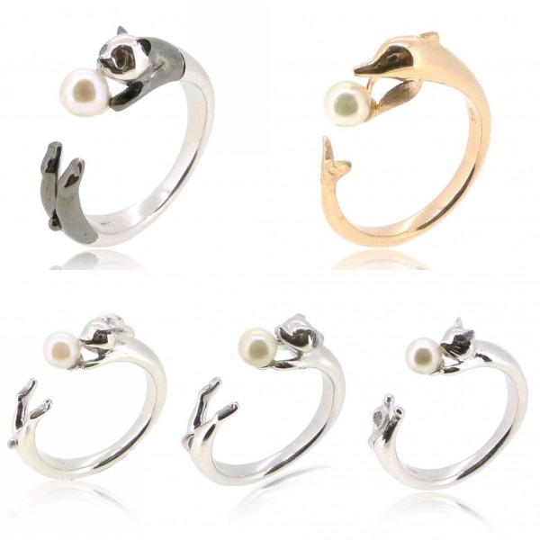 HK183~ Panda Shaped Silver Ring With Akoya Pearl