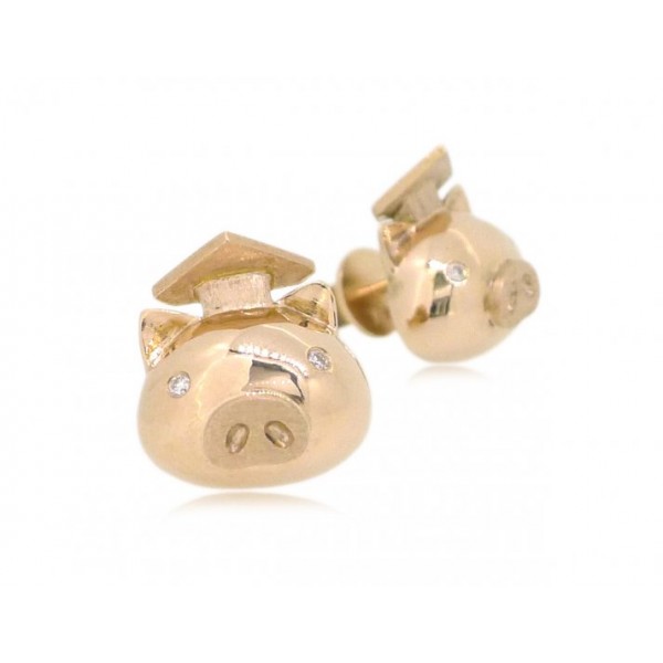 OD039~ 18K Rose Gold Graduating Pig Student Earrings w/ Diamonds