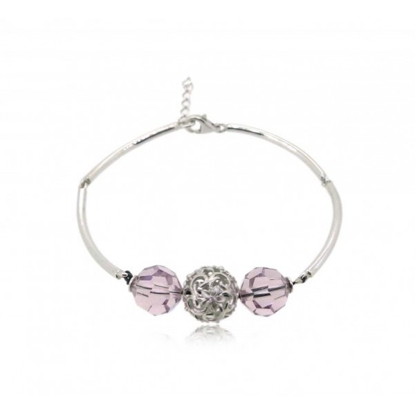 OD048~ 925 Silver Bracelet w/ White Swarovski and Purple crystals